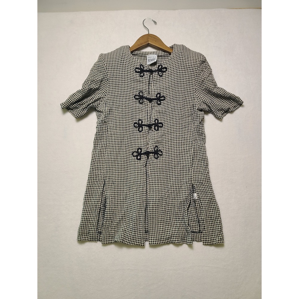 VTG M Tunic Top Black White Checkered Frog Closure USA Asian Oriental Y2K 90s